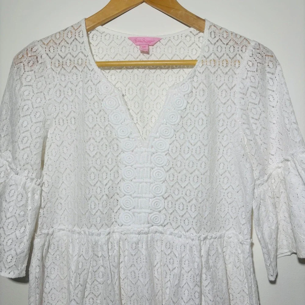 Lilly Pulitzer White Diamond Geo Lace Inez Eyelet Peplum Boho Blouse Top Sz XXS